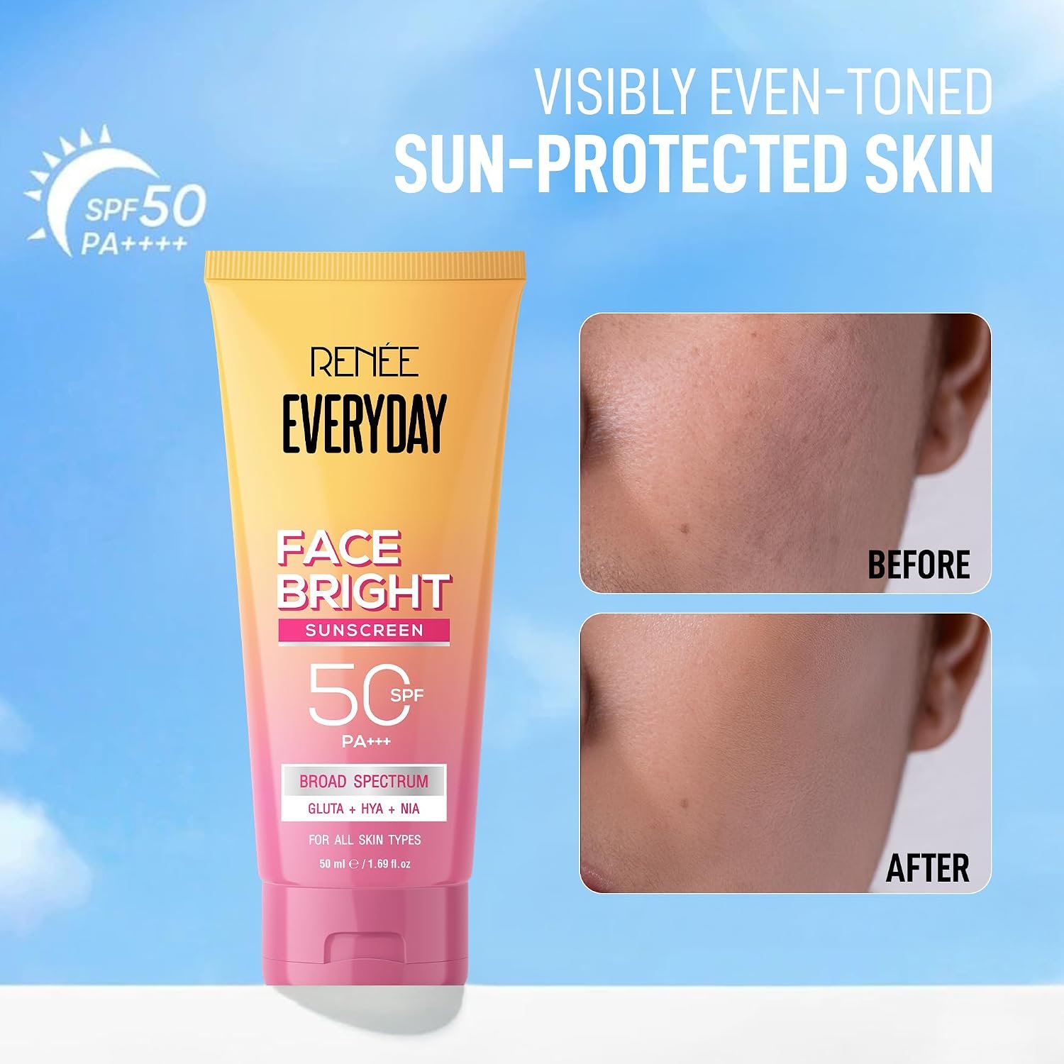 RENEE Everyday Face Bright Brightening Sunscreen SPF 50 PA+++ | In-Vivo Tested | With Niacinamide, Hyaluronic Acid & Glutathione | Broad Spectrum UVA & UVB Protection | 50ml thumbnail