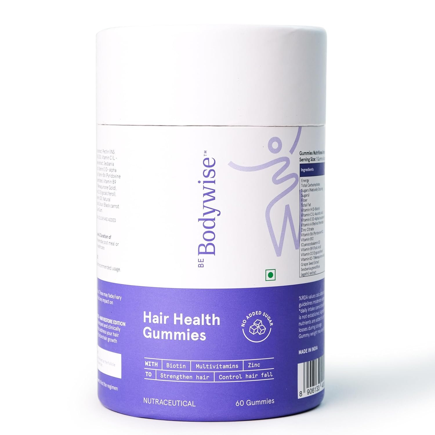 Be Bodywise Biotin Hair Gummies | 60 Days Pack | With Biotin, Zinc, Folic Acid, Fibre & Multivitamin | Strawberry Flavour | No Added Refined Sugar & Gut Friendly thumbnail