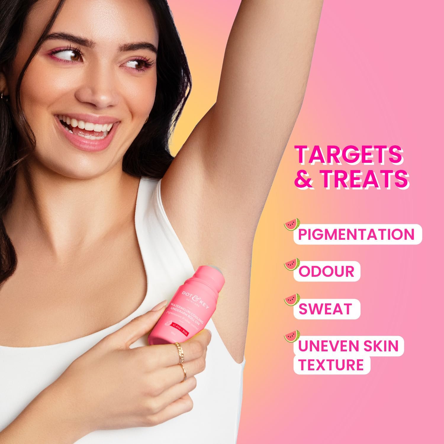 Dot & Key Watermelon Cooling Underarm Roll On | Odour & Sweat Controls | 4% AHA + BHA | Fresh Aqua Fragrance | Gently Exfoliates & Smooths Skin | For Men & Women | 50ml thumbnail