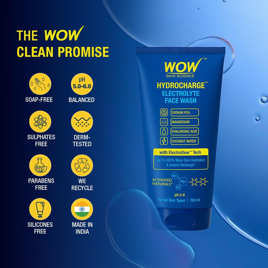 WOW Skin Science Hydrocharge™ Electrolyte Face Wash 150 ML for Men & Women | Facewash with ElectroDew™ Tech, Sodium, Magnesium, Hyaluronic Acid & Coconut Water thumbnail