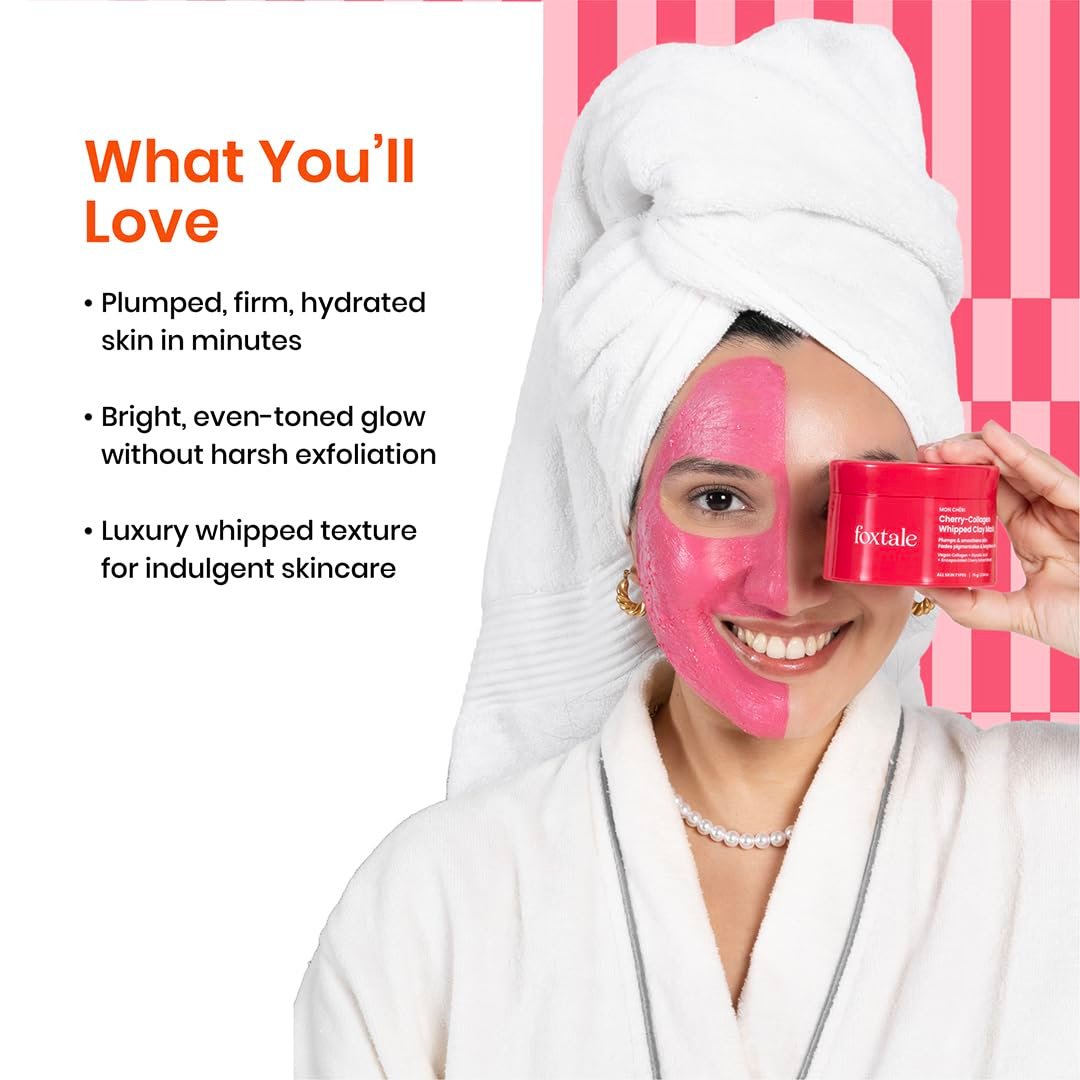 Foxtale Cherry Collagen Clay Mask with Vegan Collagen, Glycolic Acid, PHA & Cherry Beads | Plumps, Firms & Hydrates | Brightens, Detoxifies Pores & Smooths Uneven Skin Texture | 75g thumbnail