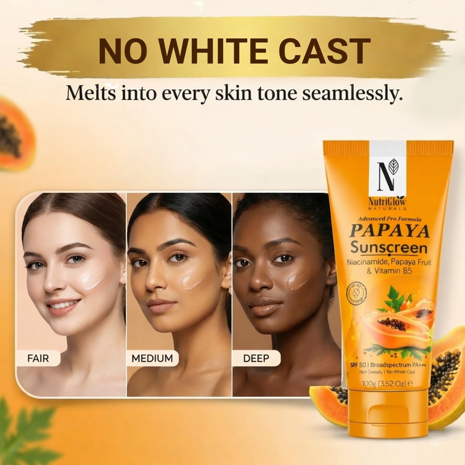 NutriGlow Naturals Papaya Sunscreen SPF 50 PA+++ 100g thumbnail