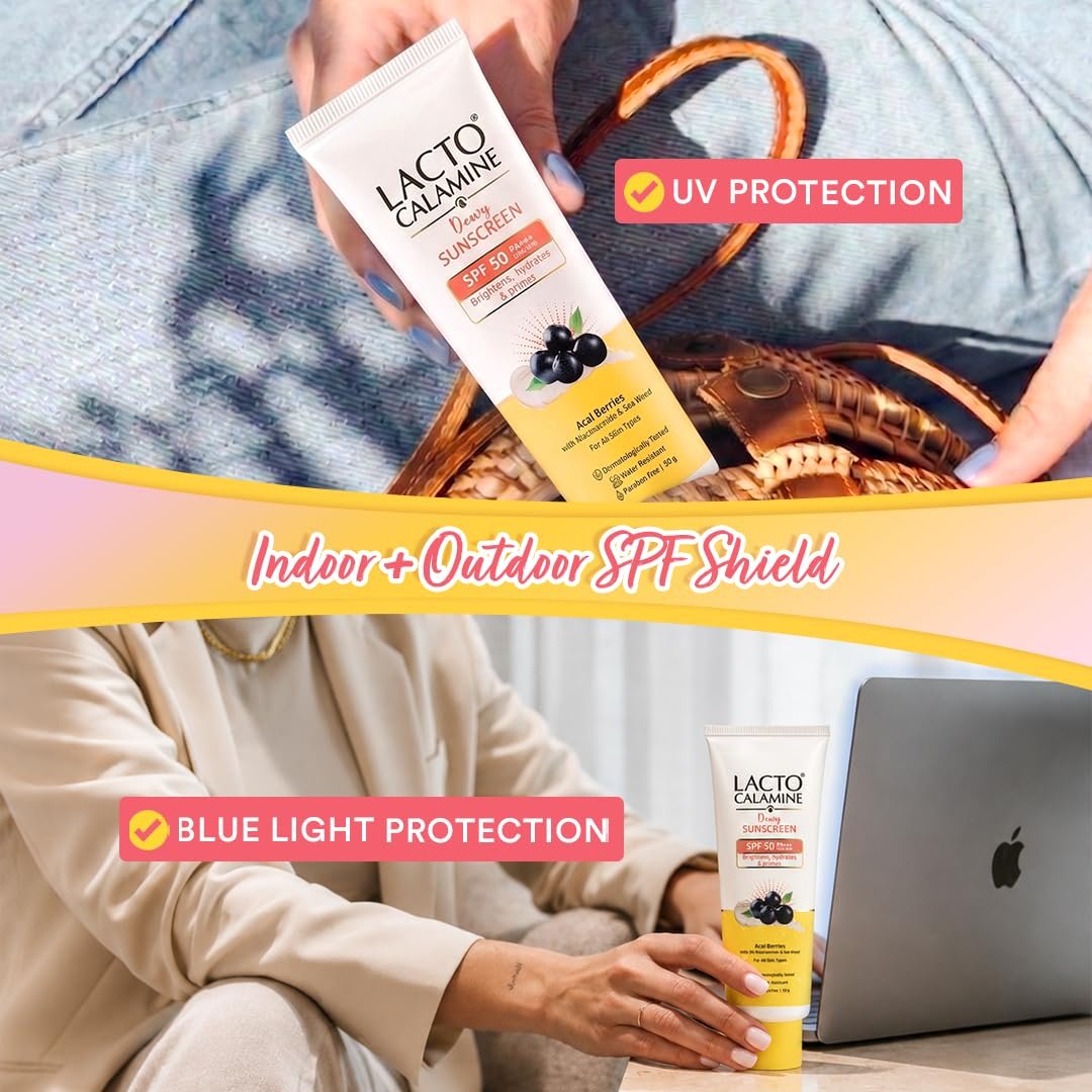 Lacto Calamine Dewy Glow Lightweight Sunscreen SPF 50 PFA +++ UVA & UVB Protection-Oily Skin | Acai Berries, Niacinamide & Watermelon | Dermatologically Tested | 50g thumbnail