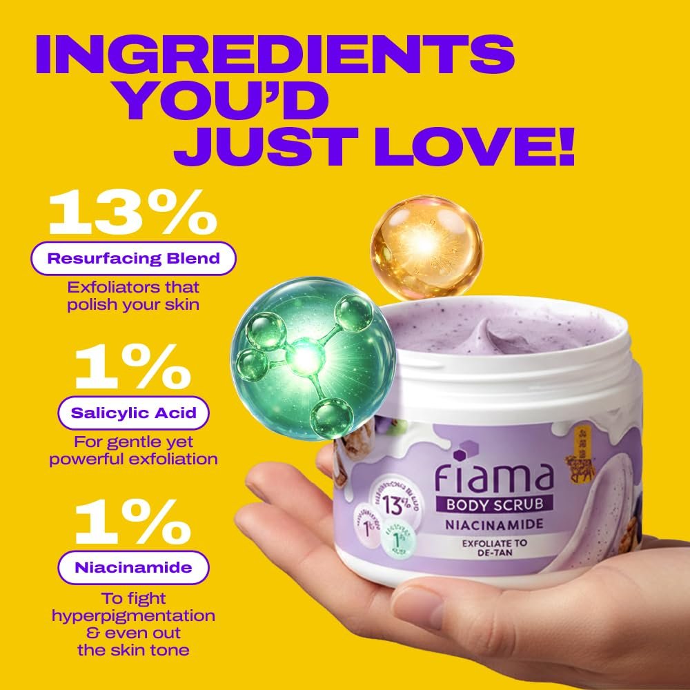 Fiama Detan Body Scrub 200g, 1% Niacinamide + 1% Salicylic Acid, Chemical + Physical Exfoliation, 13% Resurfacing Blend, Sun-Tan Removal & Instant Brightness, Gourmet Fragrance thumbnail