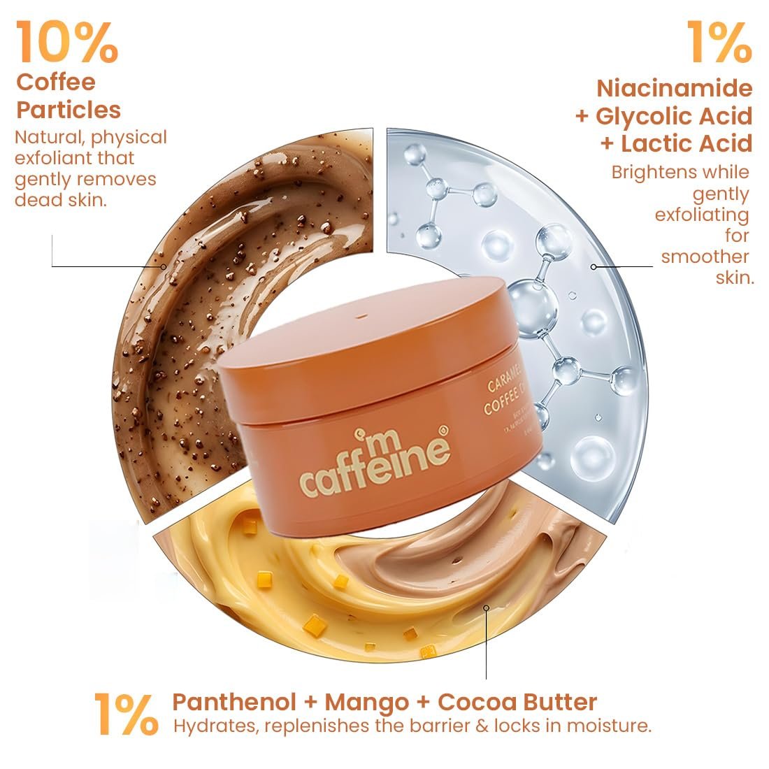 mCaffeine Caramel Eclairs Coffee Body Scrub for Removing Tan & Dead Skin| 10% Coffee Grounds, AHA- Glycolic & Lactic Acid | Sweet Caramel Fragrance - 175g thumbnail