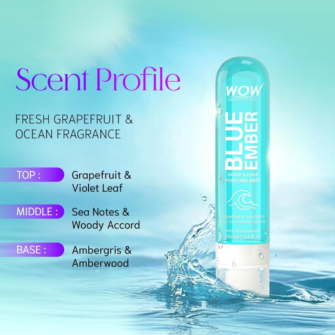 WOW Skin Science Blue Ember Unisex Body & Hair Perfume Mist | Fresh Aquatic Amber Fragrance with Niacinamide | Lightweight, Skin-Close Scent for Men & Women | 100ml thumbnail