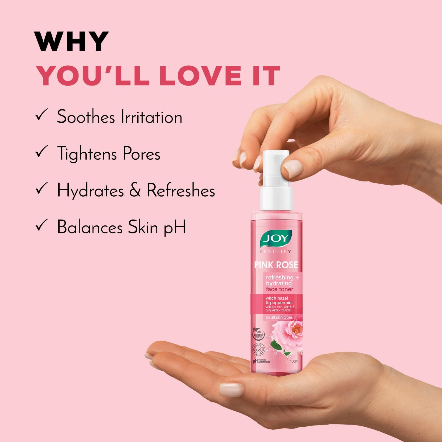 Joy Pink Rose Water Toner with Vitamin E, Hyaluronic Acid & Aloe Vera for Hydrating & Refreshing Skin (150ml) | Alcohol Free Toner with Natural Rose Aroma | Get Glowing Skin for All Skin Typ thumbnail