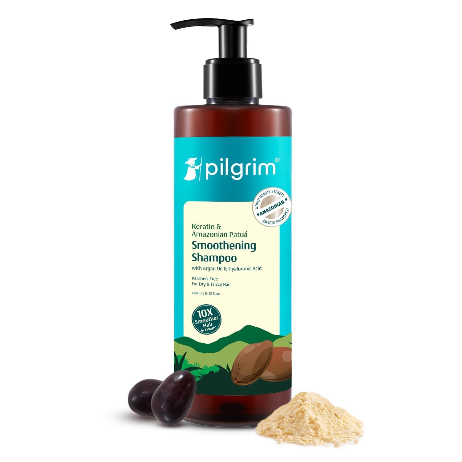Pilgrim Patua & Keratin Hair Smoothening Shampoo for Frizzy Hair - 400ml 72H Frizz Control with Keratin, Adds Shine, Smoothens Frizz with Amazonian Patua, Softens Dry Hair, Improves Manageab