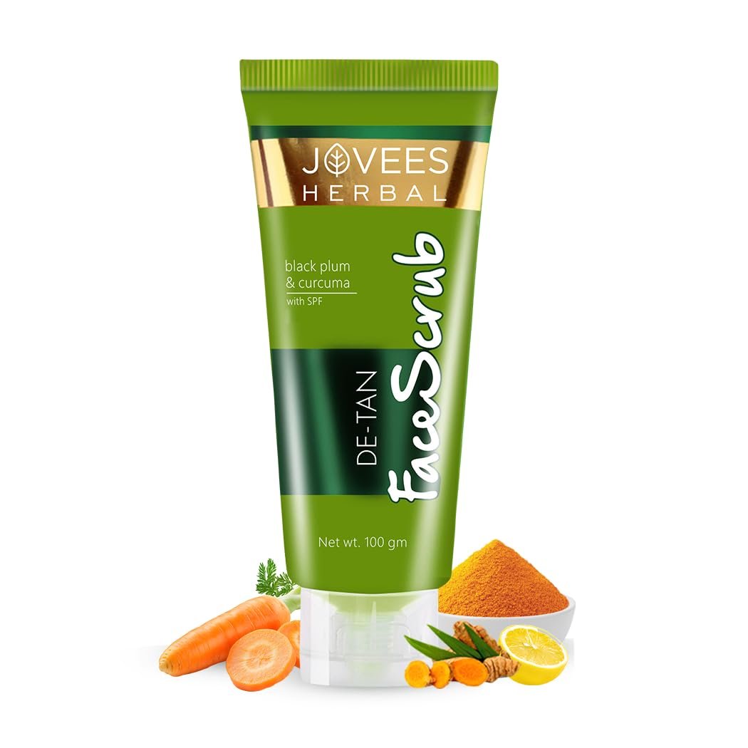 Jovees Herbal De-Tan Scrub With SPF For Brightening & Revitalizing Face Scrub | Remove Dead Skin | Gentle Exfoliation, Smooth and Clear Complexation With Turmeric & Aloe Vera | 100g