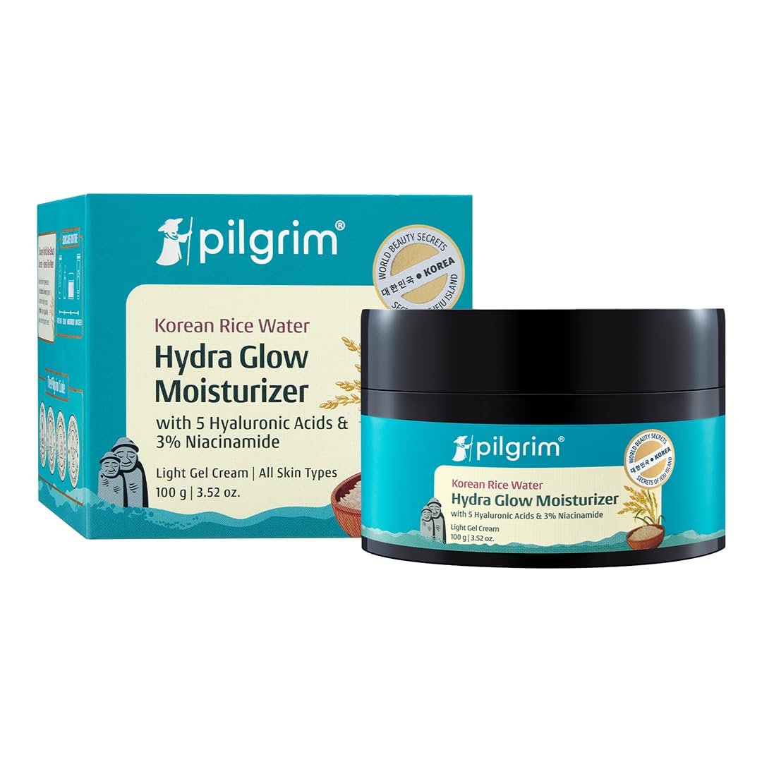 Pilgrim Korean Rice Water Hydra Glow Moisturizer for Glass Skin Glow - 100g 5 Hyaluronic Acids & 3% Niacinamide, Light Gel Cream, Deep Hydration, Boosts Glow, Oil Free, Quick Absorbing, All