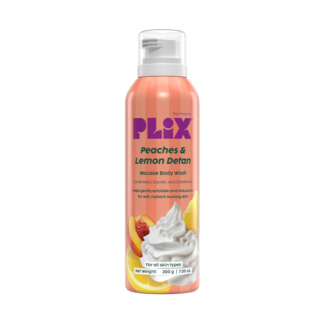 Plix Peaches & Lemon De-Tan Mousse Body Wash | Glycolic Acid & Ceramides | Hydrating Mousse Body Wash with Fruit Extracts | Smooth, Bright Skin thumbnail