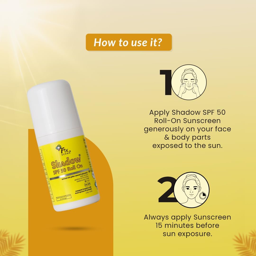 Fixderma Shadow Sunscreen SPF 50 Roll On Pa+++ | Transparent with Broad Spectrum UVA & UVB Protection | Lightweight | Water Resistant | For Sensitive Skin | Sunscreen for Women & Men | 30gm thumbnail