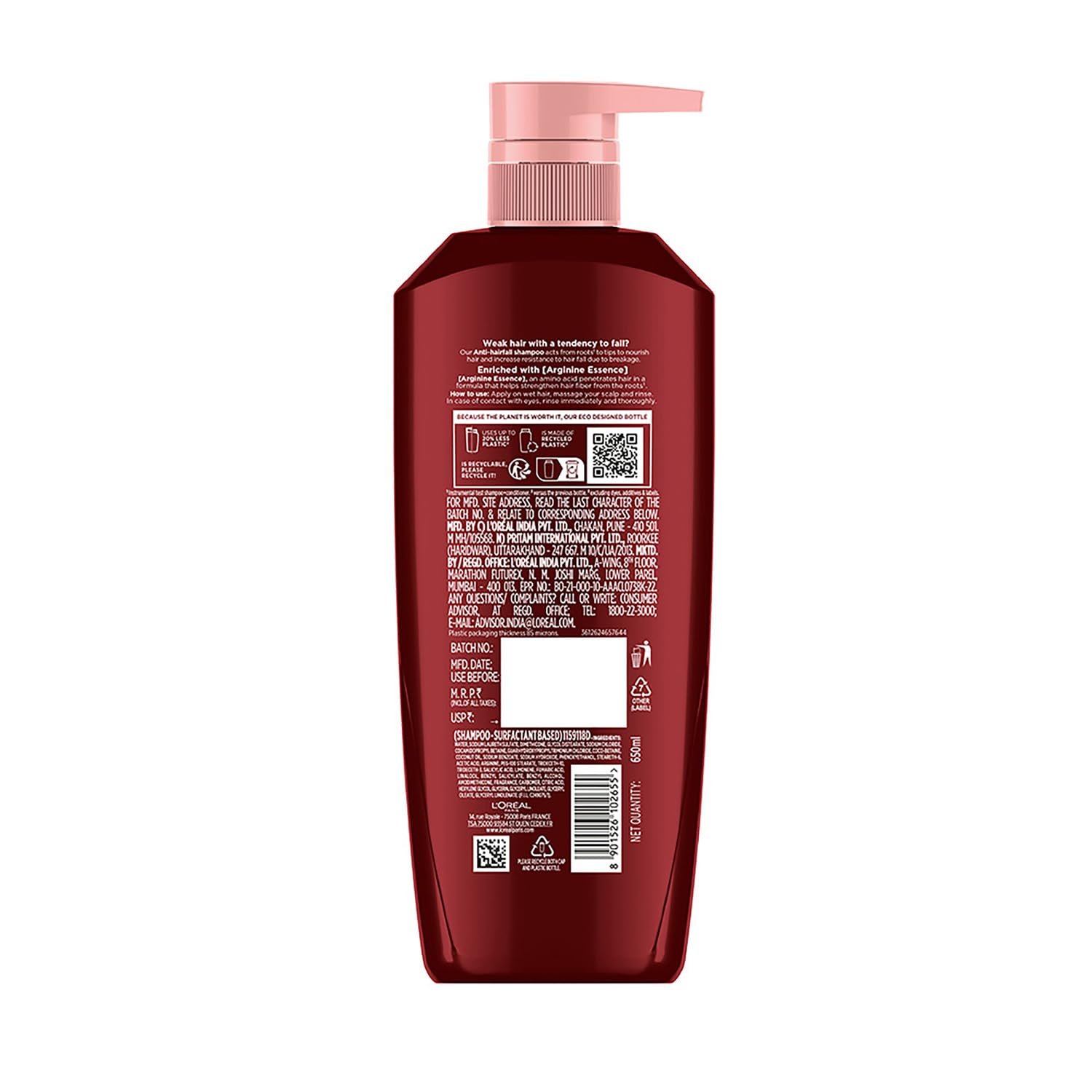 LOreal Paris Fall Resist 3X Anti-Hairfall Shampoo with Arginine Essence For Weak Hair with Tendency to Fall and Hair Thinning, Reduces Hair Breakage and Nourishes Roots- 650ml thumbnail