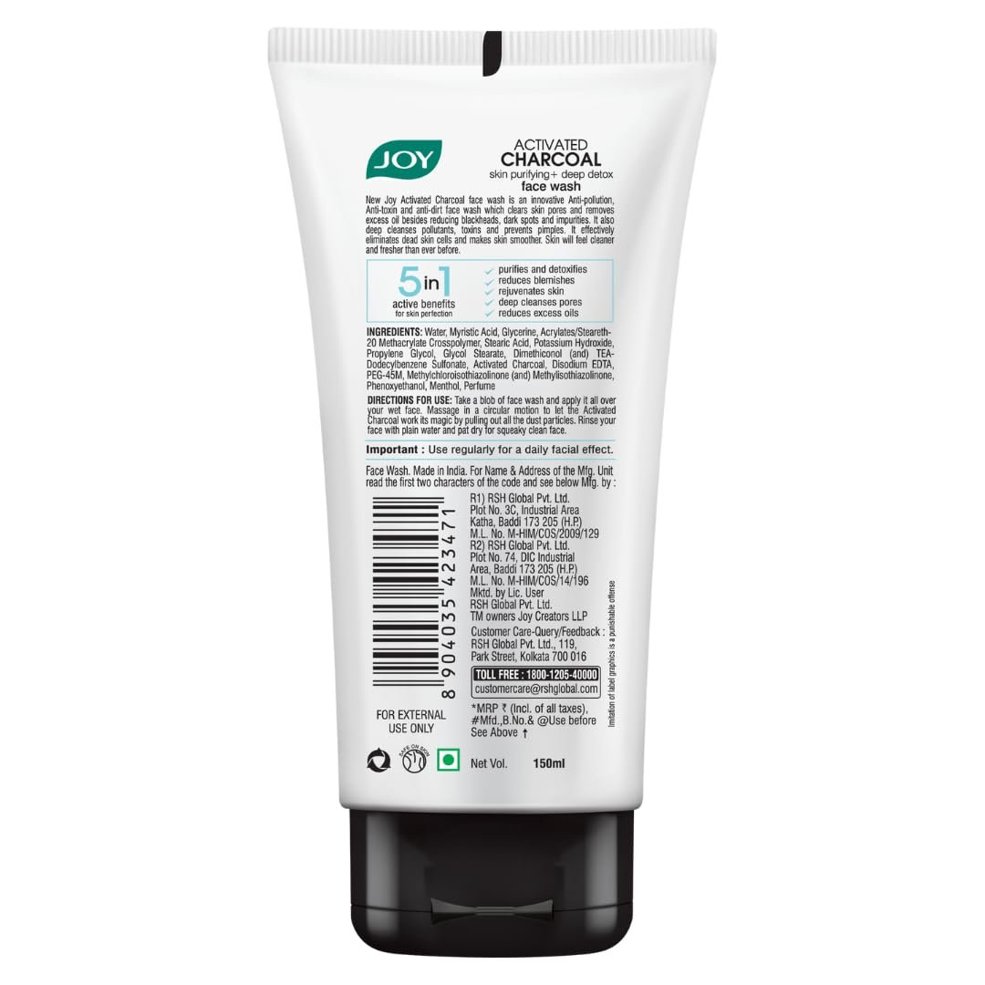 Joy Activated Charcoal Face Wash for Oily Skin 150ml | Controls Oil & Removes Dirt & Blackheads | Fights Pollution, Reduces Acne & Pimples For a Clearer & Smoother Skin thumbnail