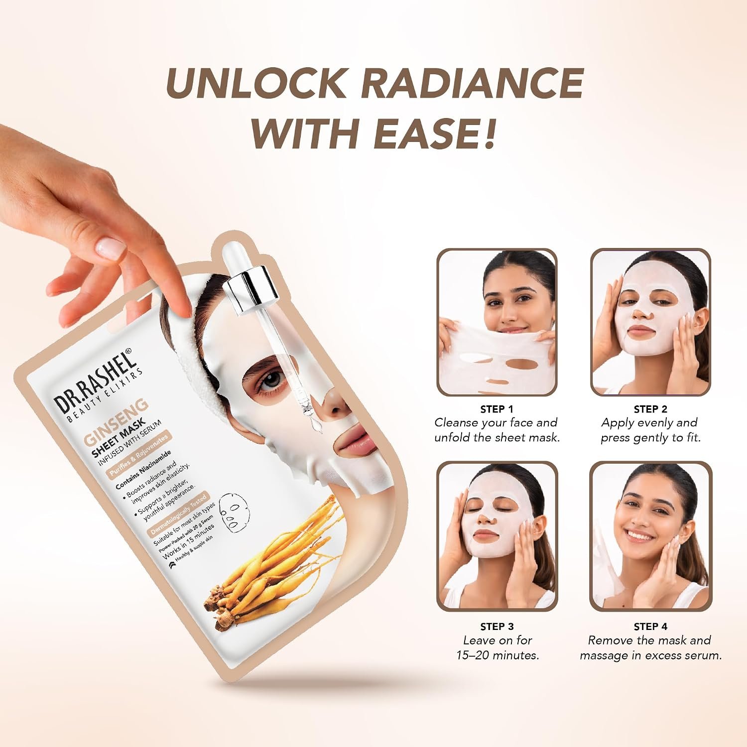 DR.RASHEL Ginseng Face Sheet Mask Gift Set With Serum For Women & Men | Deep Hydration & Moisturization | Healthy & Radiant Skin | Soft & Smooth Skin | Paraben Free | Pack Of 4 | 20 Grams Ea thumbnail