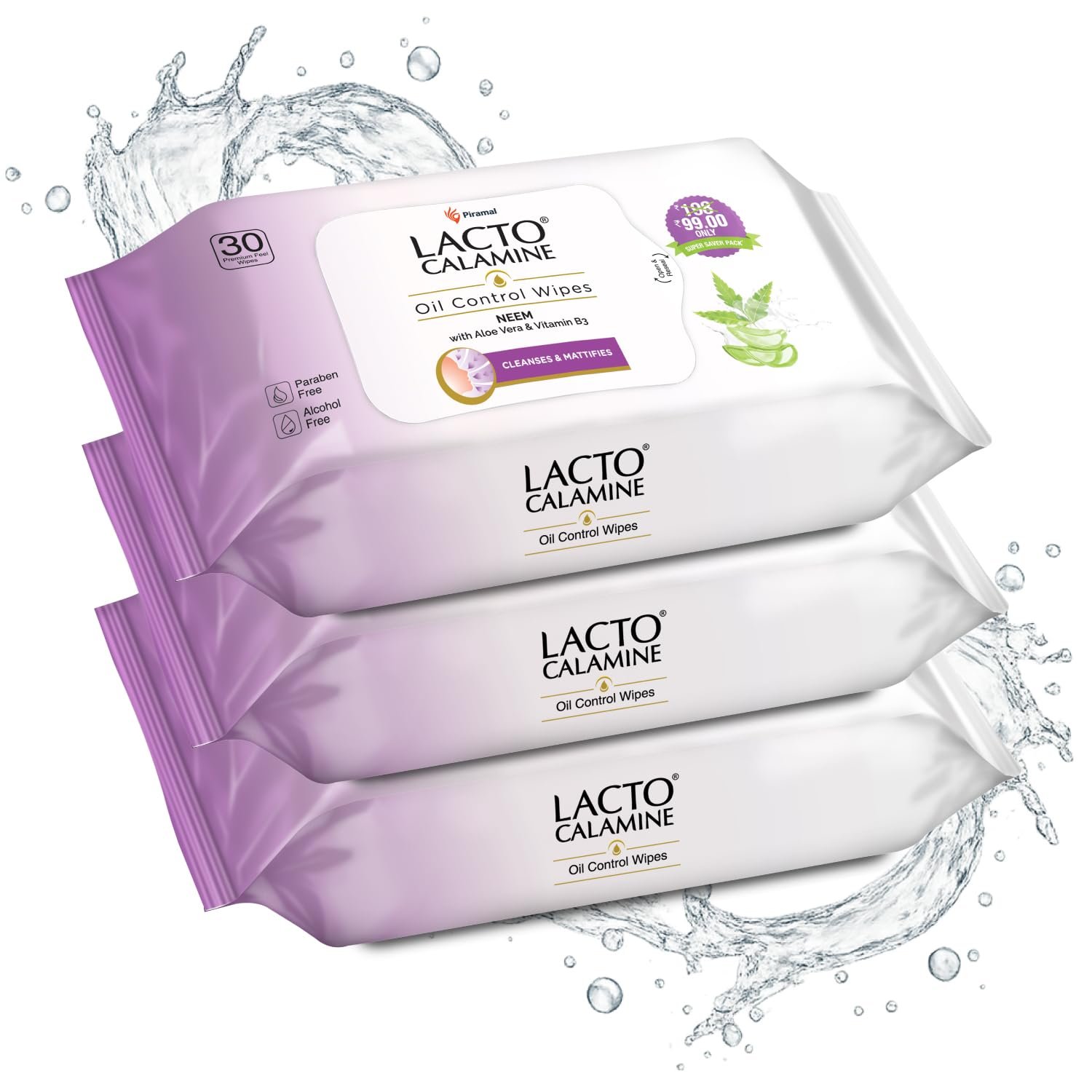 Lacto Calamine Oil Control Face Wipes 30N each- Pack of 3 | Makeup Remover Wipes | Wet Tissue for Face With Neem, Aloe Vera & Niacinamide | thumbnail