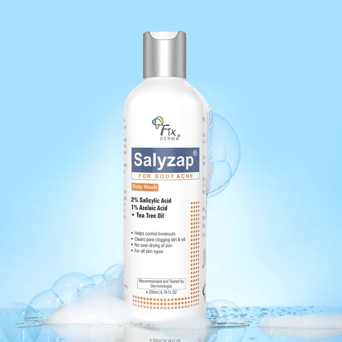 Fixderma Salyzap 2% Salicylic Acid Body Wash For Acne | Exfoliating Bodywash | Anti Acne Body Wash on Back & Arms for Acne Prone Skin | Helps in Control Brekouts, Unclogs Pores - 200ml thumbnail