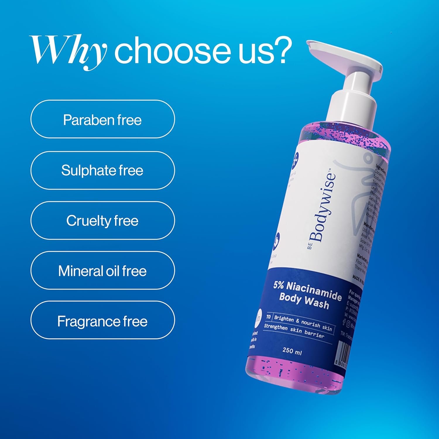 Be Bodywise 5% Niacinamide Brightening Body Wash | Hydrates & Deep Cleanses Skin | For Glowing & Hydrated Skin | With Aloe vera, Vitamin B3 & E | For All Skin Types | 250ml thumbnail