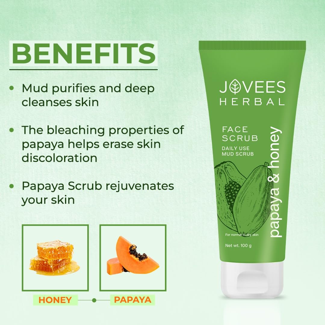 Jovees Herbal Papaya & honey Face Scrub | With Honey,Neem & Chamomile Extract | For Normal to Dry Skin | Gently Remove Dead Skin | Improves Uneven Skin Tone | Paraben And Alcohol Free | 100g thumbnail