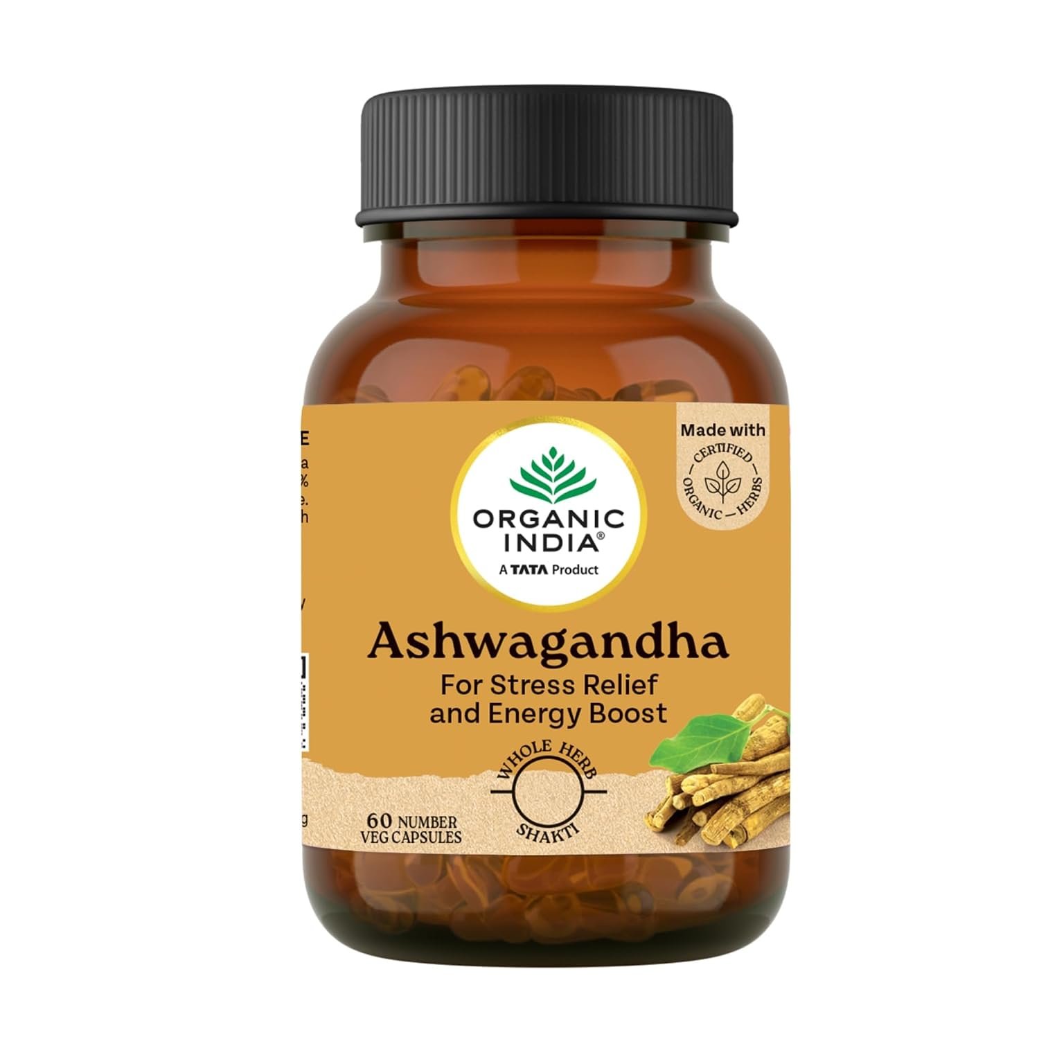 A TATA Product - Organic India Pure Ashwagandha Root Capsules - 60 Veg Caps (400mg),