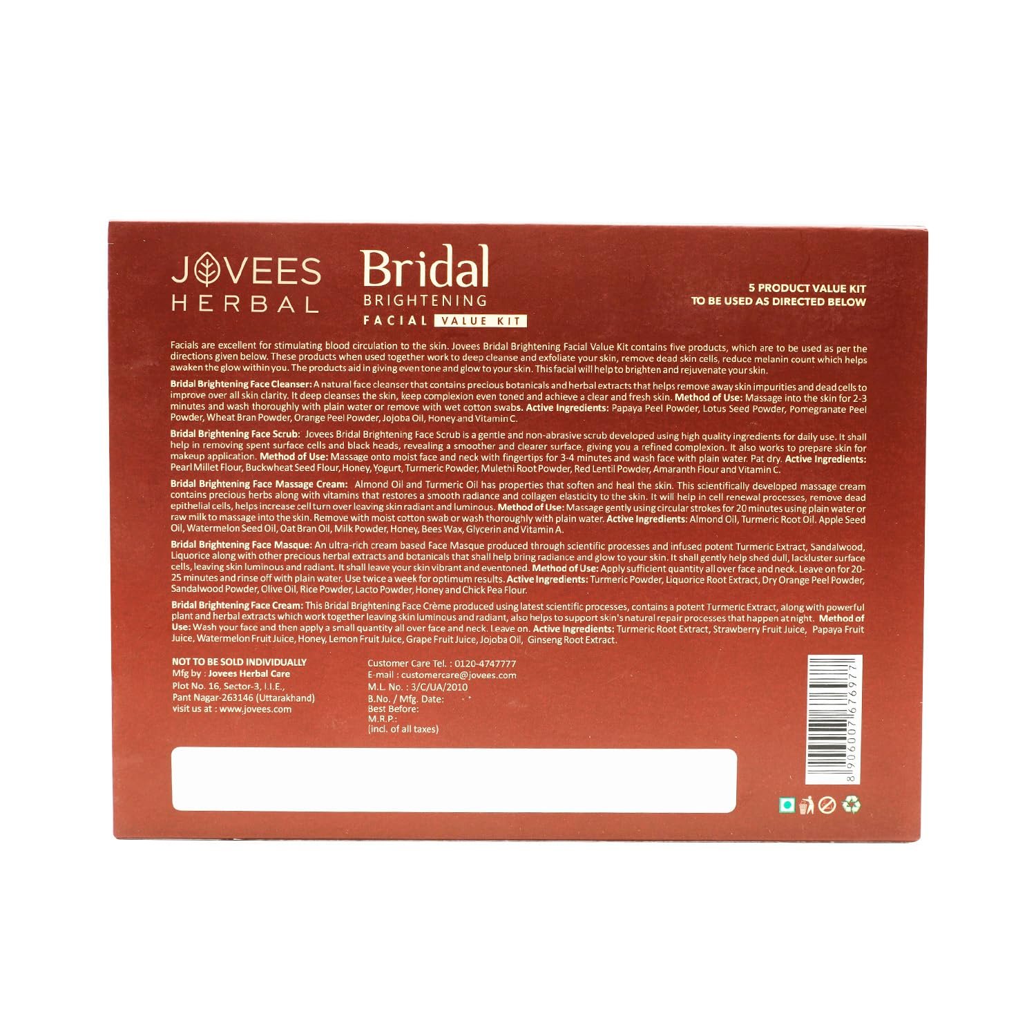 Jovees Herbal Bridal Brightening Facial Kit For Brighter & Radiant Glow With 5 Easy Steps | Kit for Reduced Pigmentation Improves Uneven Skin Tone, Dark Spots & Dullness- Multiple Use thumbnail