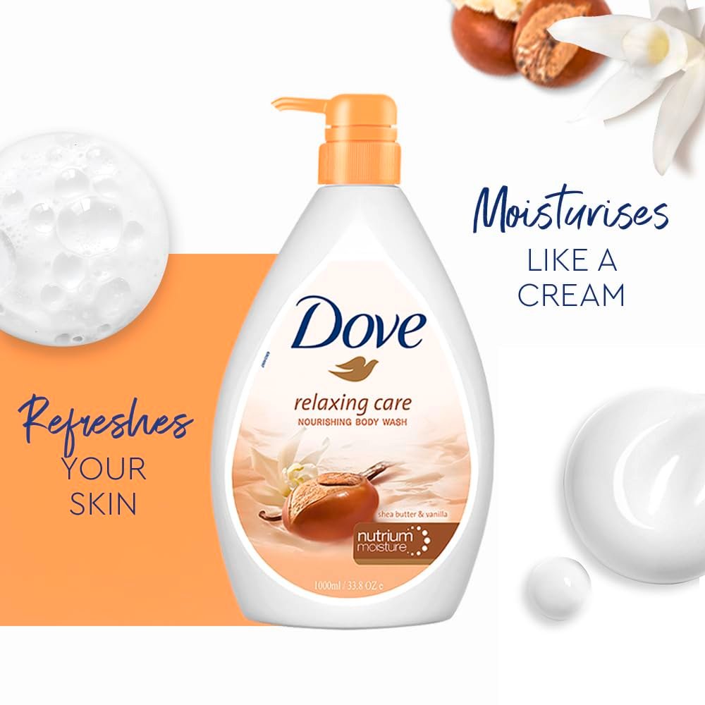 Dove Relaxing Shea Butter & Vanilla Body Wash – 1L | Nourishing Cleansing for Soft, Smooth & Replenished Skin with a Soothing Scent thumbnail