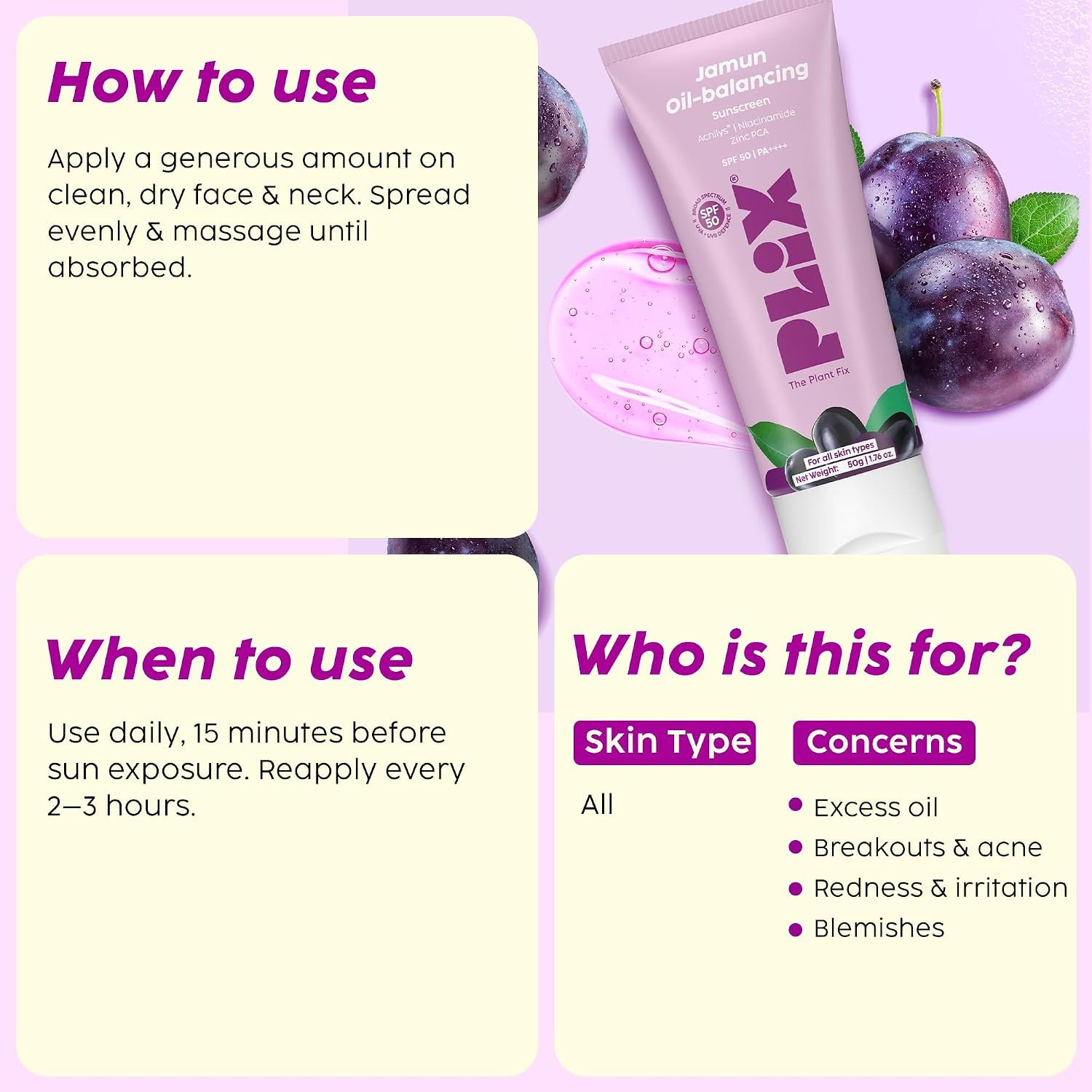 Plix Jamun Oil-Balancing Sunscreen With SPF 50 | ACNILYS, Niacinamide & Zinc PCA | Lightweight & Non-Greasy | Everyday Sun Protection | Oily & Acne-Prone Skin thumbnail