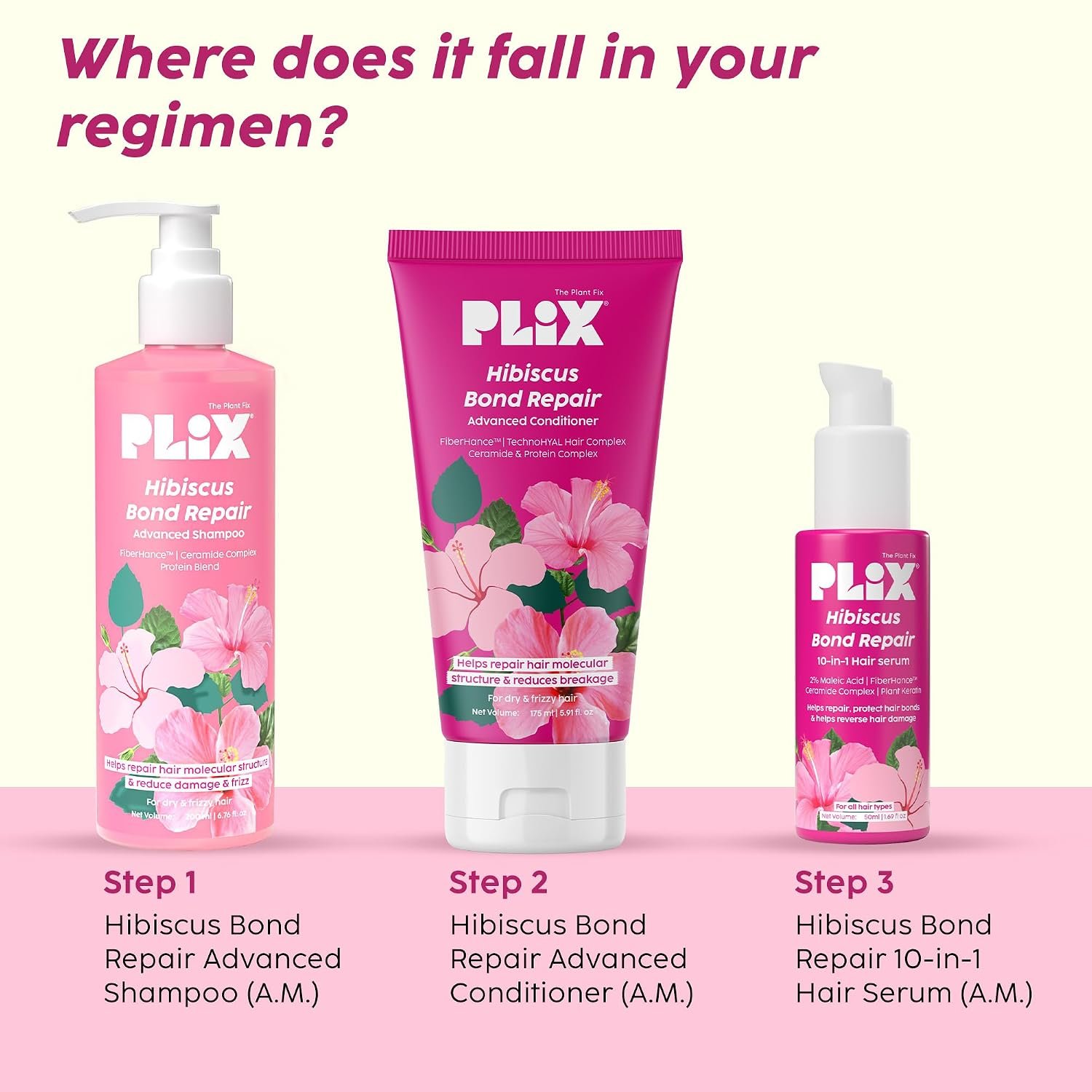 PLIX - THE PLANT FIX Hibiscus Bond Repair Advanced Shampoo For Damaged, Frizzy Hair - 200Ml | Repair Hair Molecular Structure | Fiberhance & Hibiscus Extract | Men & Women thumbnail