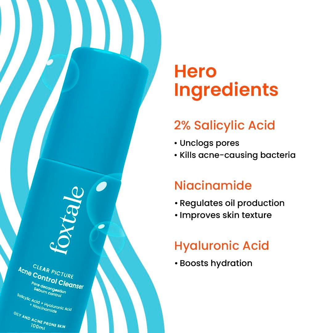 Foxtale 2% Salicylic Acid Face Wash for Oily & Acne Prone Skin, Controls Oil & Kills Acne Causing Bacteria, Acne Control Cleanser for Men & Women - 100 ml thumbnail