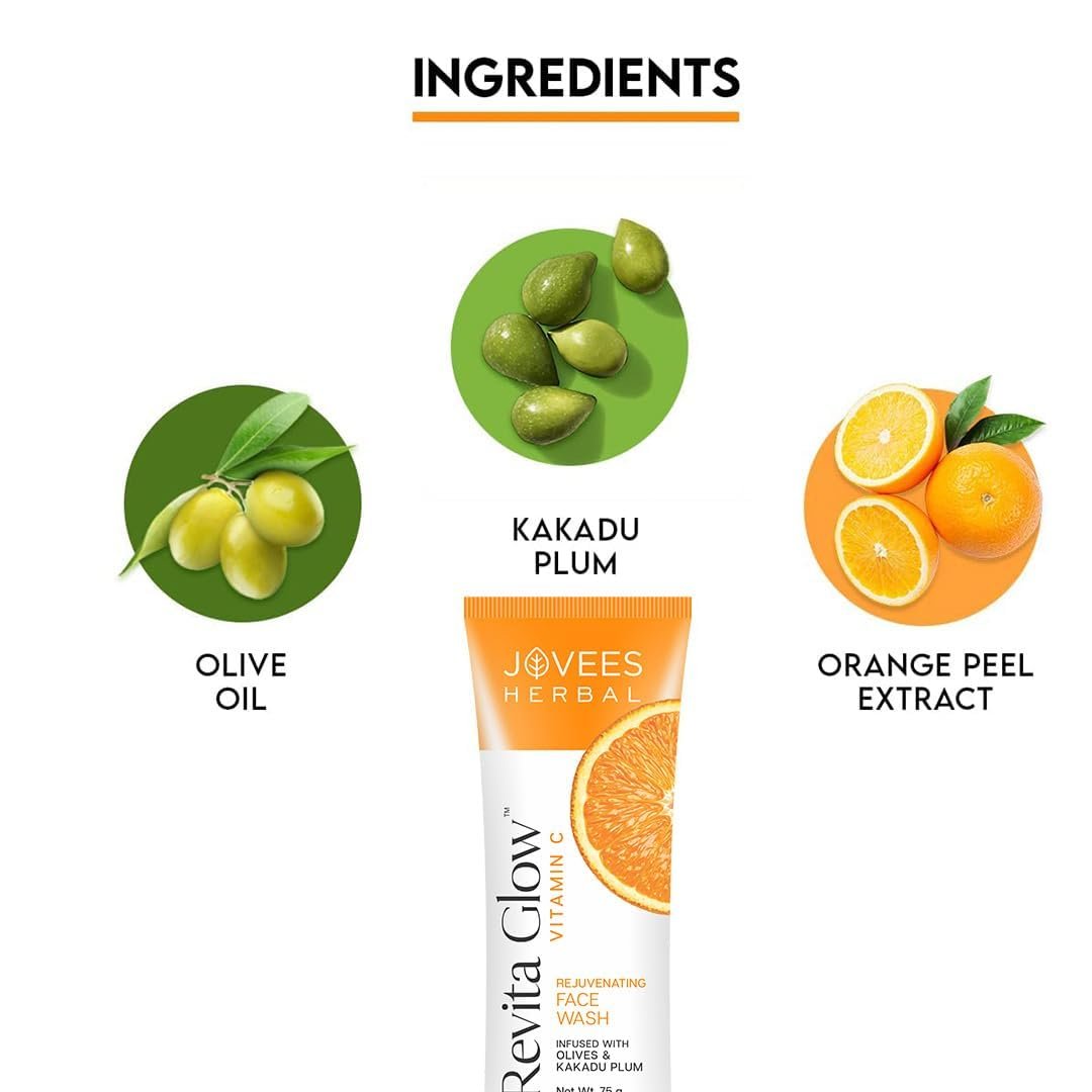 Jovees Herbal Revita Glow Vitamin C Face Wash For Glowing And Brightening Skin | Gentle Skin Hydrating & Rejuvenating Face Wash Cleanser with Kakadu Plum and Olives | For All Skin Types- 75g thumbnail
