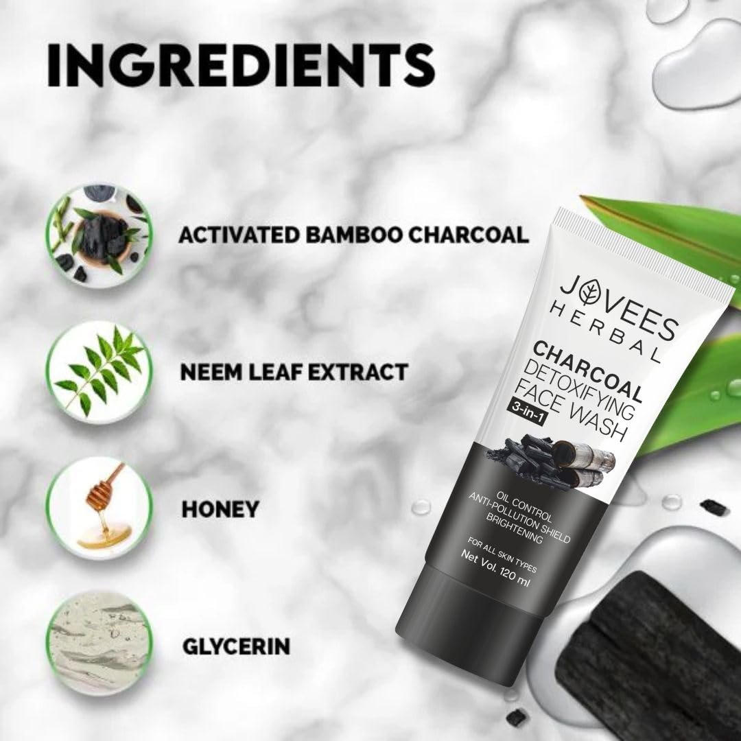 Jovees Herbal Activated Charcoal Detoxifying Face Wash For Anti Pollution, Deep Pore Cleansing, Oil Control, Removes Dirt & Impurities | Suitable for Acne Prone Skin 120 ML thumbnail