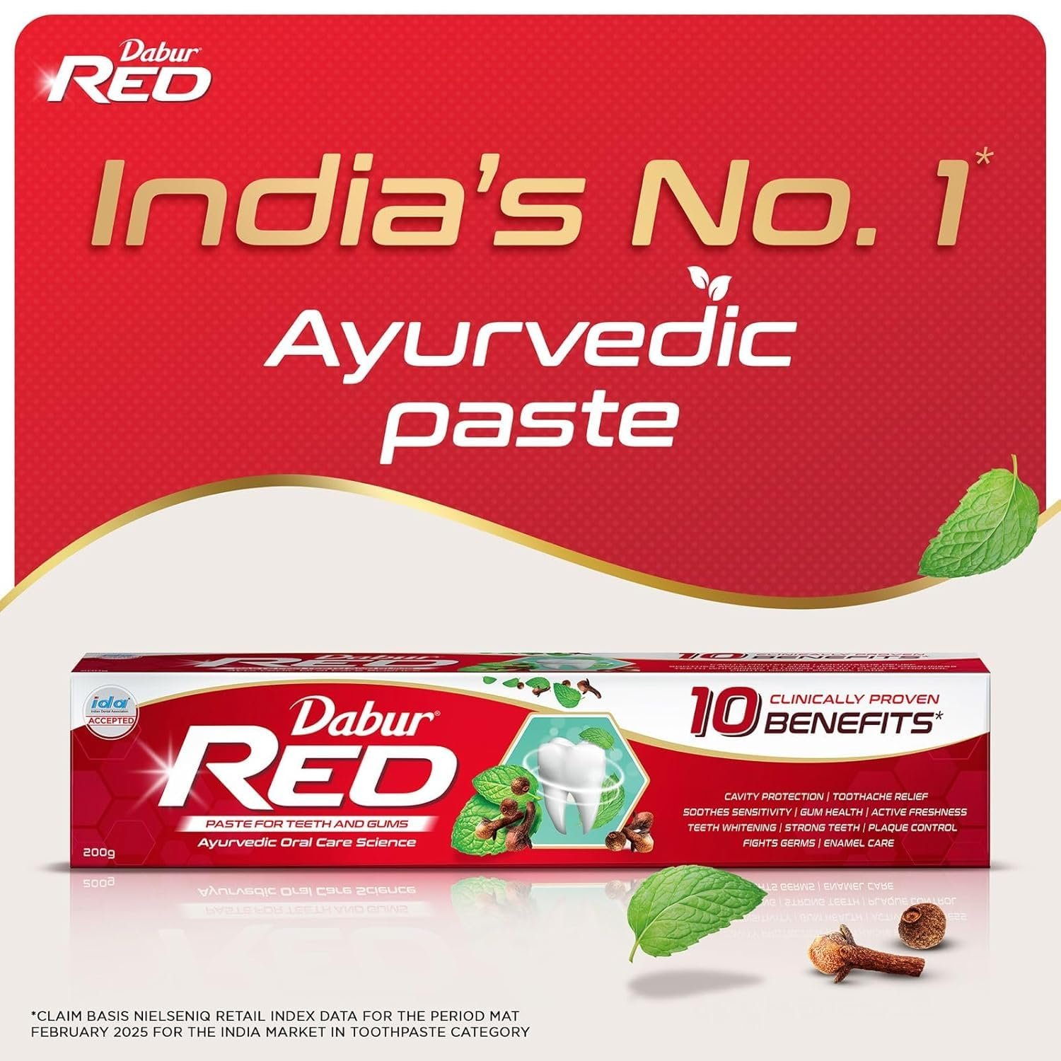 Dabur Red Paste - India's No.1 Ayurvedic Paste, Provides Protection Plaque Removal, Toothache, Yellow Teeth, Bad Breath- 800g (200gm*4) thumbnail