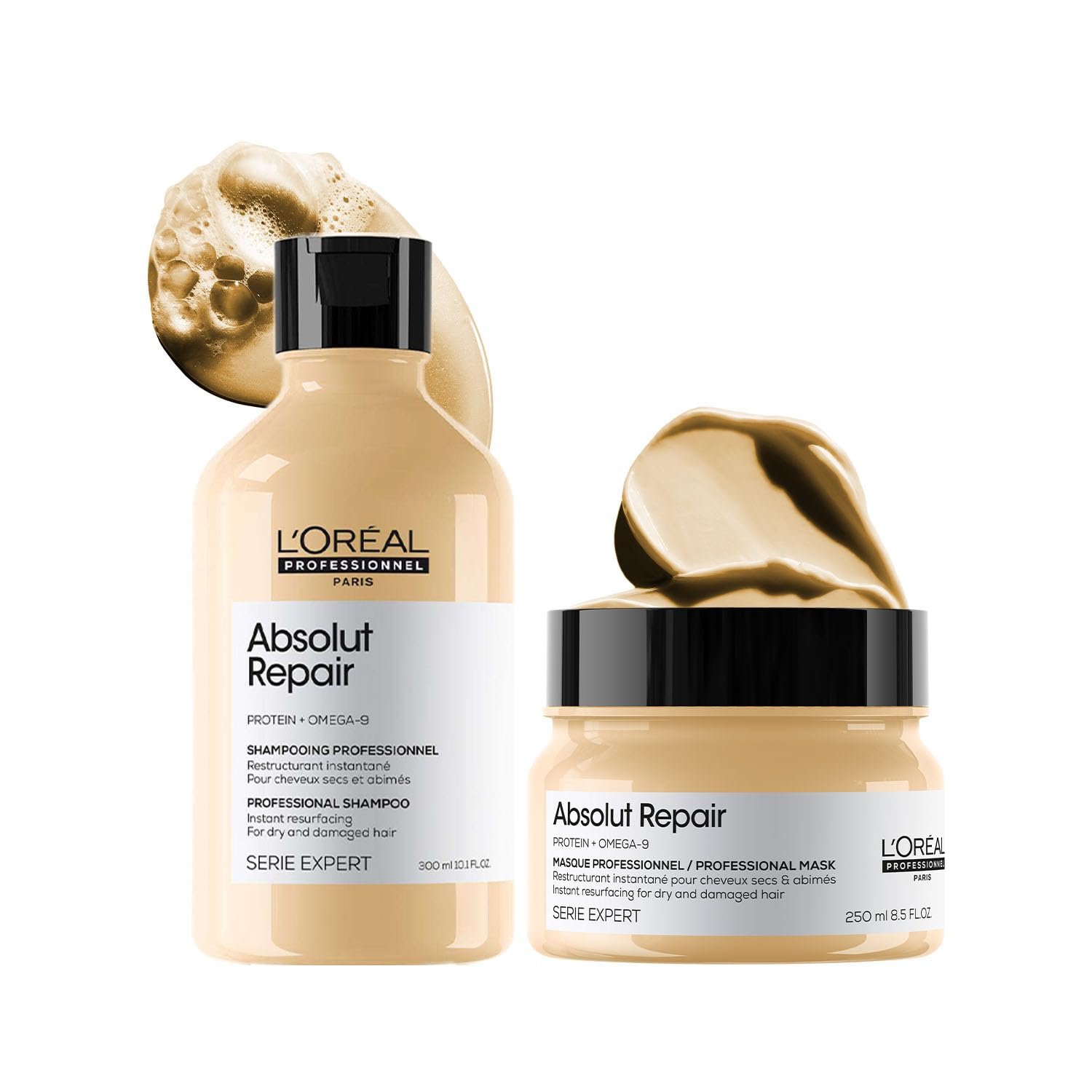 L'Oréal Professionnel Absolut Repair Shampoo & Mask for Dry & Damaged Hair - 300ml+250ml | Professional Routine for Strenghthening & Repairing Hair, Protein & Omega-9, For Men & Women