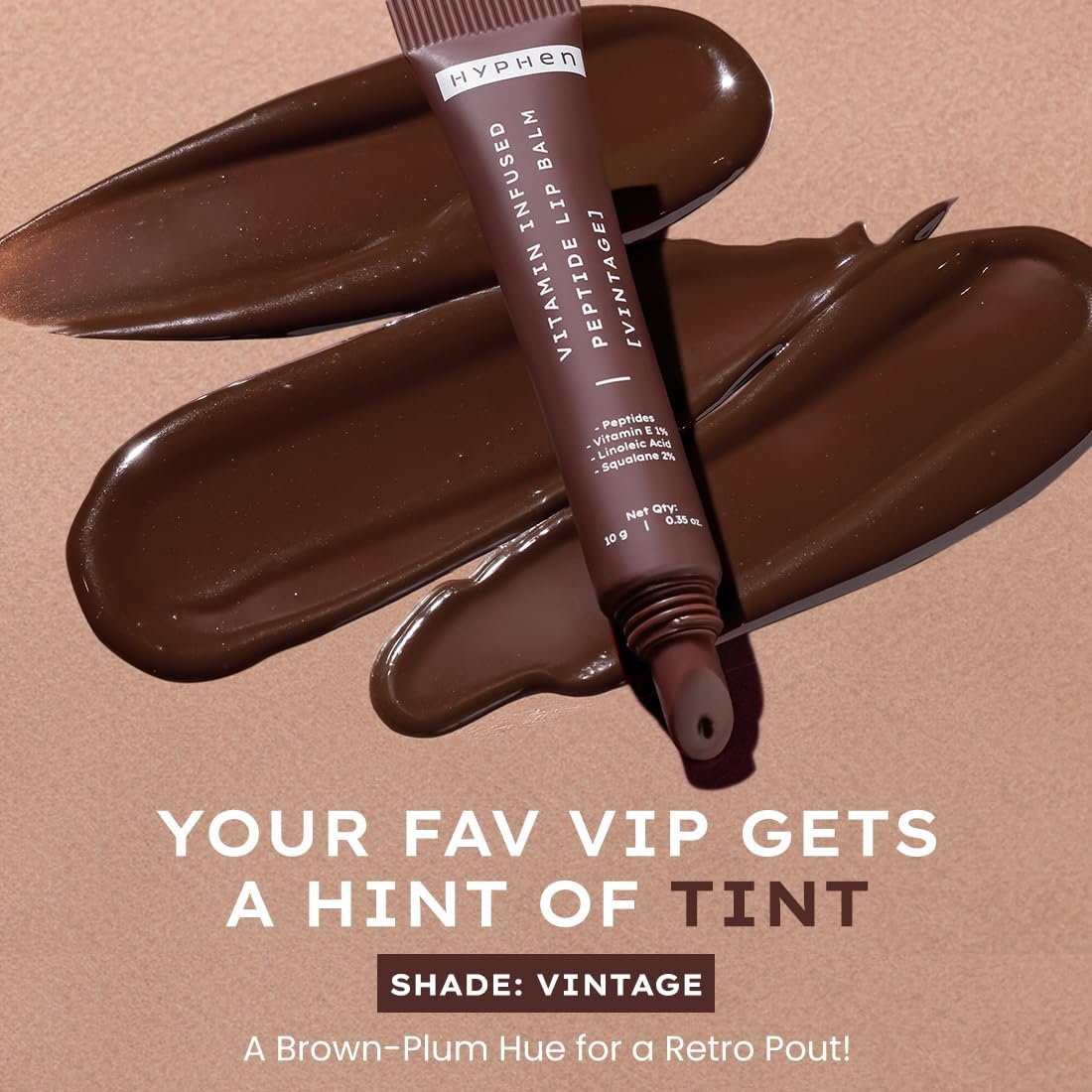 Hyphen Vitamin-Infused Peptide Tinted Lip Balm - Vintage | 24 Hrs Moisturization | Hydrates, Plumps & Repairs Moisture Barrier | Peptide Balm for Women | Plumish Brown Shade - 10g thumbnail