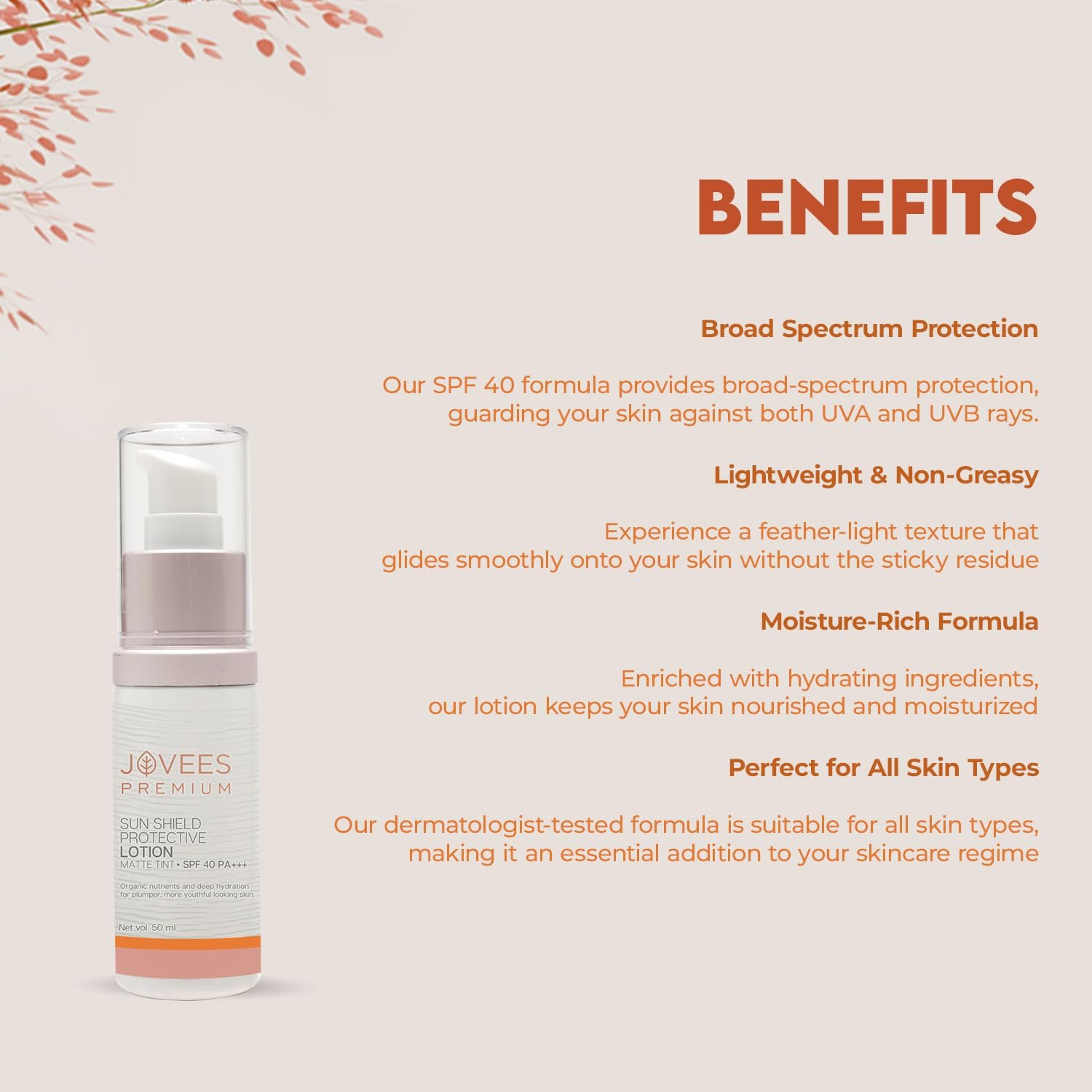 Jovees Sunscreen Sensitive Skin Premium Sun Shield Protective Lotion SPF 40 | Broad Spectrum PA+++ | Matte Tint | Infused with Organic Extracts | Lightweight Sunscreen For Men/Women- 50ML thumbnail