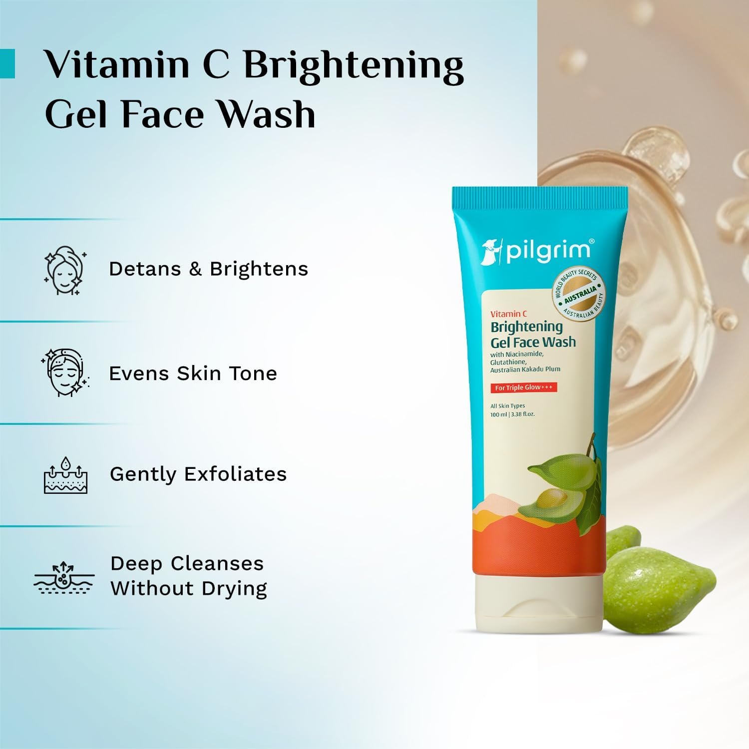 Pilgrim Vitamin C Brightening Gel Face Wash For Glowing Skin - 100ml Triple Glow with Niacinamide & Glutathione, Australian Kakadu Plum, Deep Cleanse, Brightens, Even Tone & Gently Exfoliate thumbnail