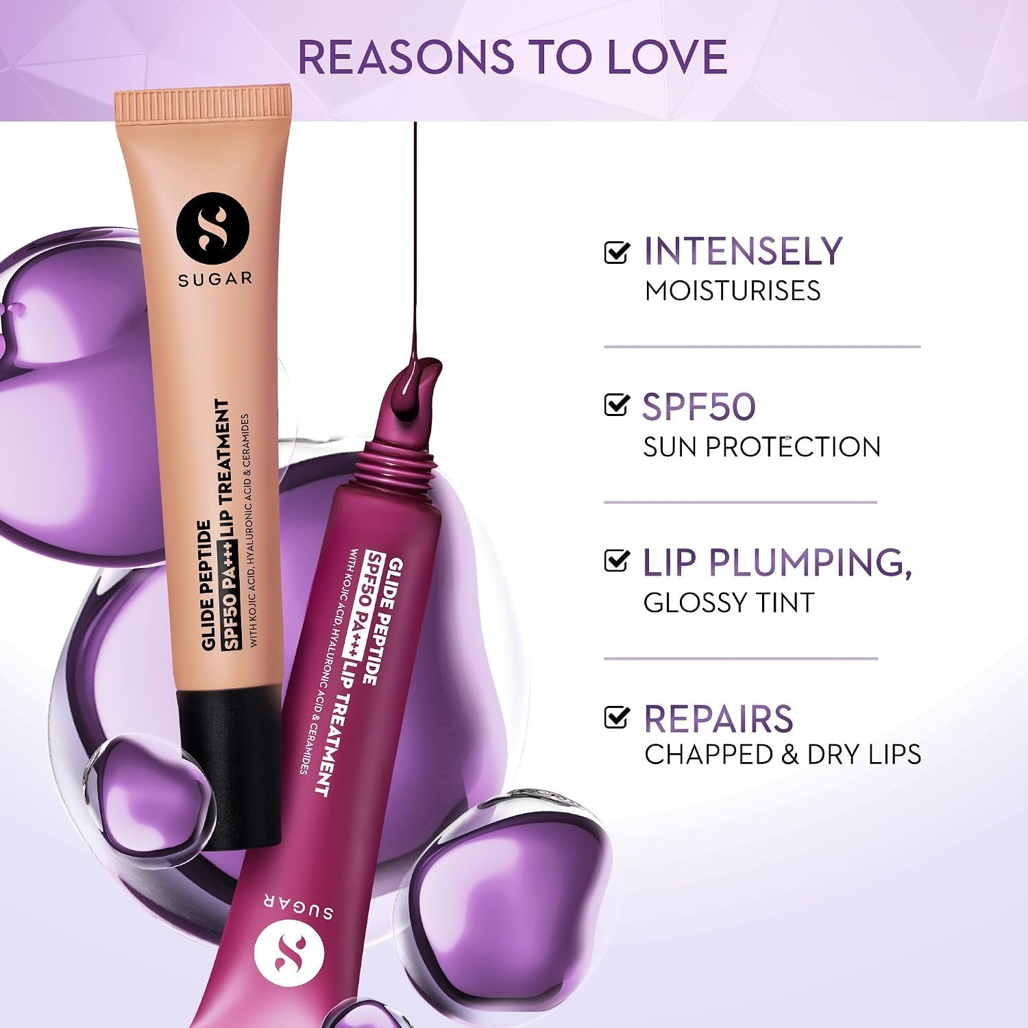 SUGAR Cosmetics Glide Peptide SPF50 PA+++ Lip Treatment | Infused Hyaluronic Acid, Ceramides & Vitamin E | Tinted Lip Balm | 10ml - 03 Berry Blast thumbnail