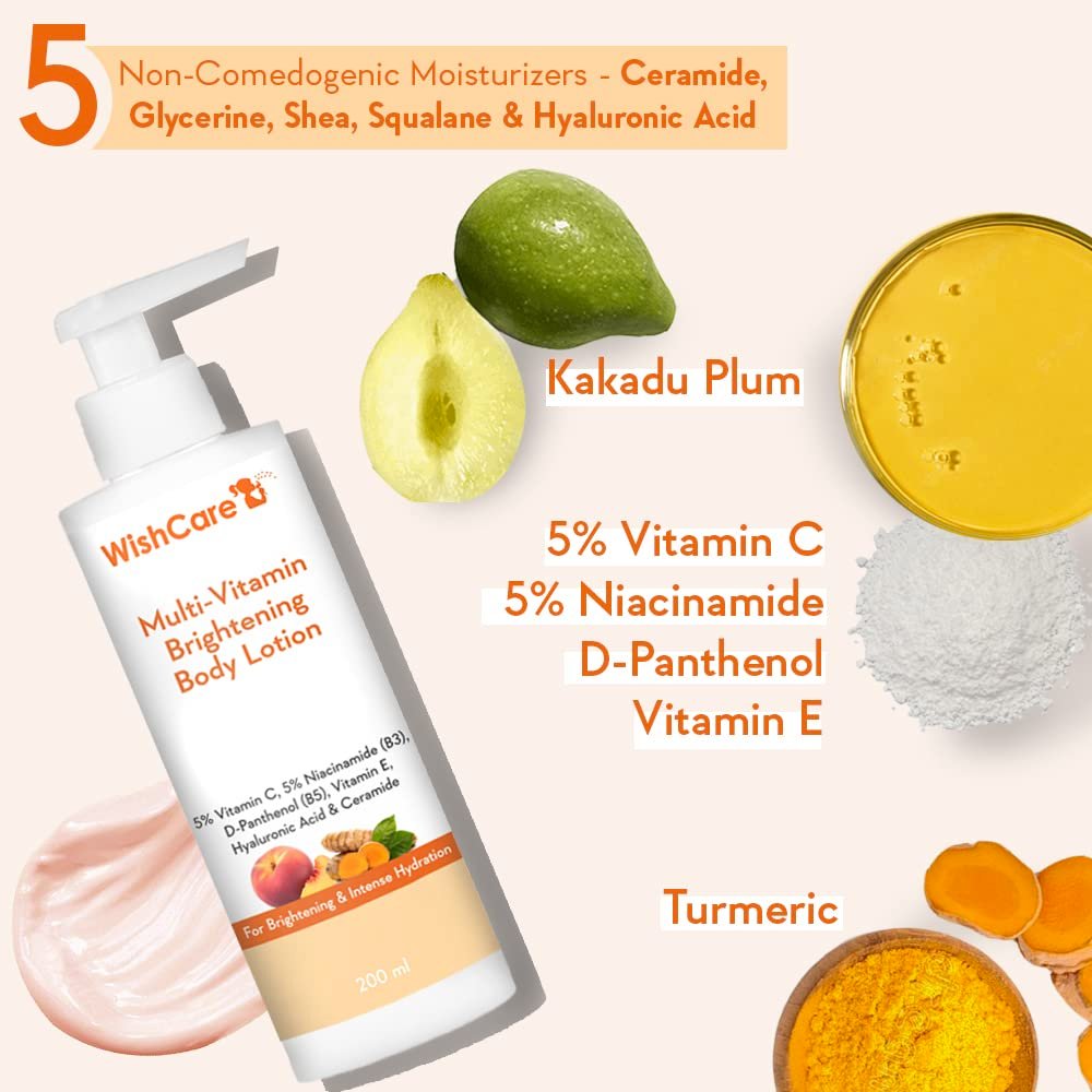 WishCare Multi-Vitamin Brightening Body Lotion - 5% Vitamin C, 5% Niacinamide(B3), Panthenol(B5), Vitamin E, Turmeric & Kakadu Plum - For Men & Women - 200 Ml thumbnail