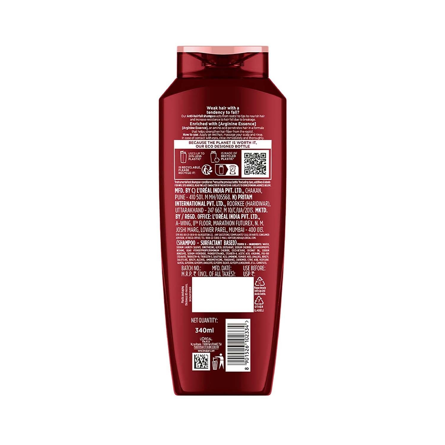 L'Oreal Paris Anti-Hair Fall Shampoo, Reinforcing & Nourishing for Hair Growth, For Thinning & Hair Loss, With Arginine Essence and Salicylic Acid, Fall Resist 3X, 340ml thumbnail