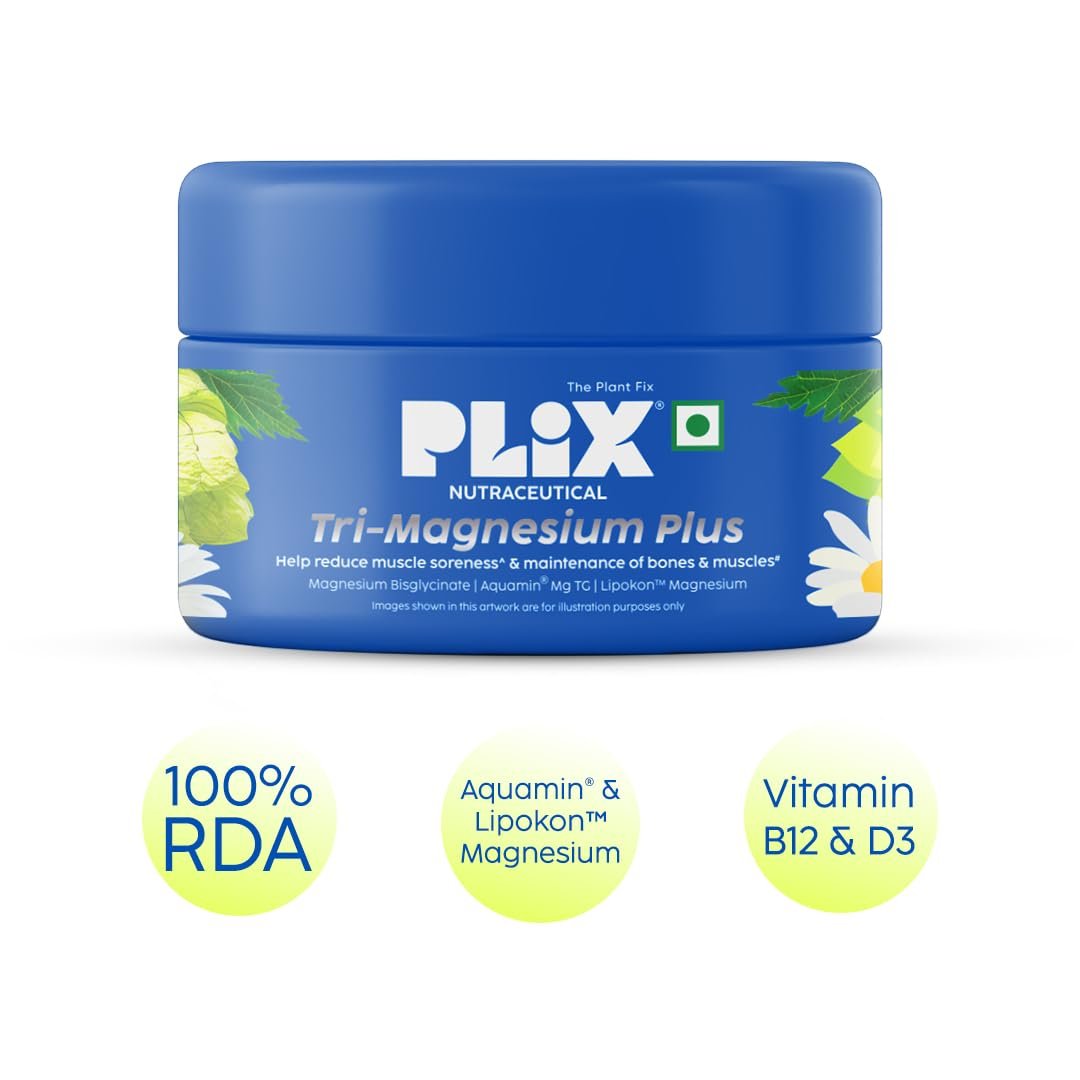 PLIX THE PLANT FIX Tri-Magnesium Plus Tablets | Bis-Glycinate & Chamomile Extract | 440mg Elemental Magnesium | High Absorption for Sleep, Muscle Recovery & Relaxation | 60 Tablets thumbnail