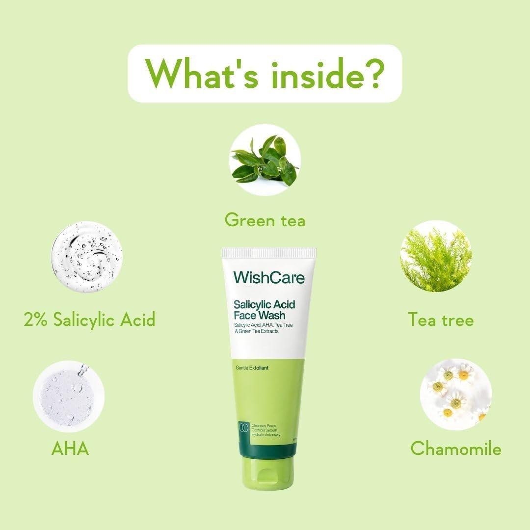 WishCare Salicylic Acid Face Wash For Women & Men | Reduces Acne & Controls Oil | With AHA, Green Tea, Chamomile & Tea Tree | Salicylic Acid Face Wash For Oily Skin & Acne Prone Skin | 100ml thumbnail