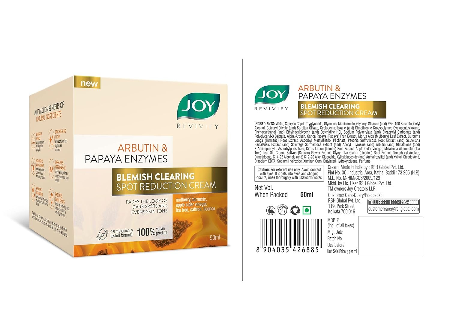 Joy Revivify Arbutin & Papaya Enzymes Blemish Clearing Spot Reduction Cream | Skin Brightening Cream| Soothing | Anti-ageing properties | Pollution defense – 50 ml thumbnail