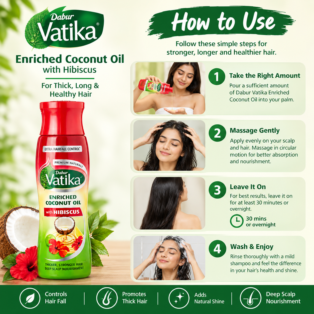 Dabur Vatika Enriched Coconut Hair Oil with Hibiscus | Helps Control Hair Fall | Promotes Thick, Long & Healthy Hair | Deep Scalp Nourishment | 300ml thumbnail