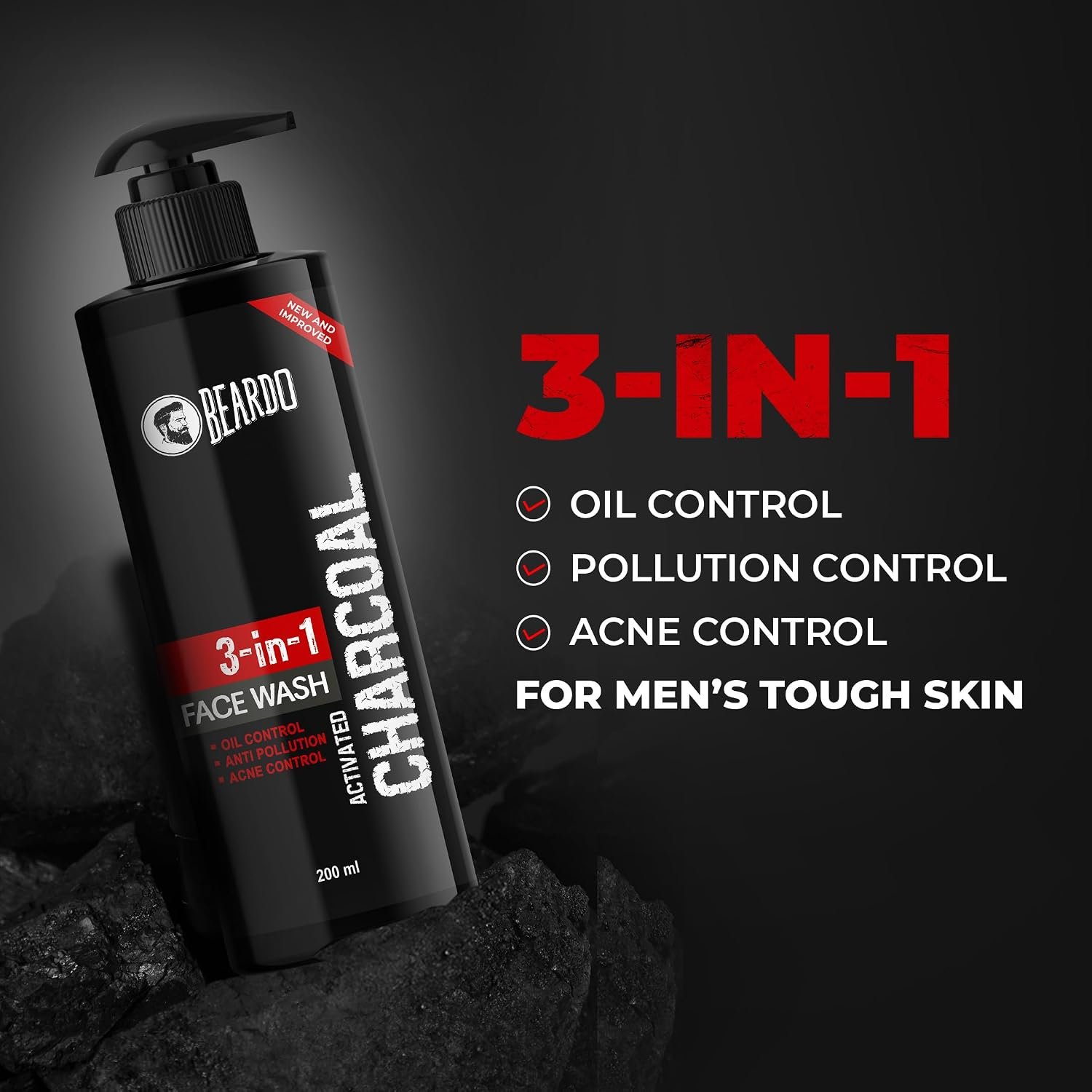 Beardo 3-in-1 Activated Charcoal Face Wash| Deep Cleanse, Exfoliate & Detoxify | Oil Control Face wash for men 200ml thumbnail