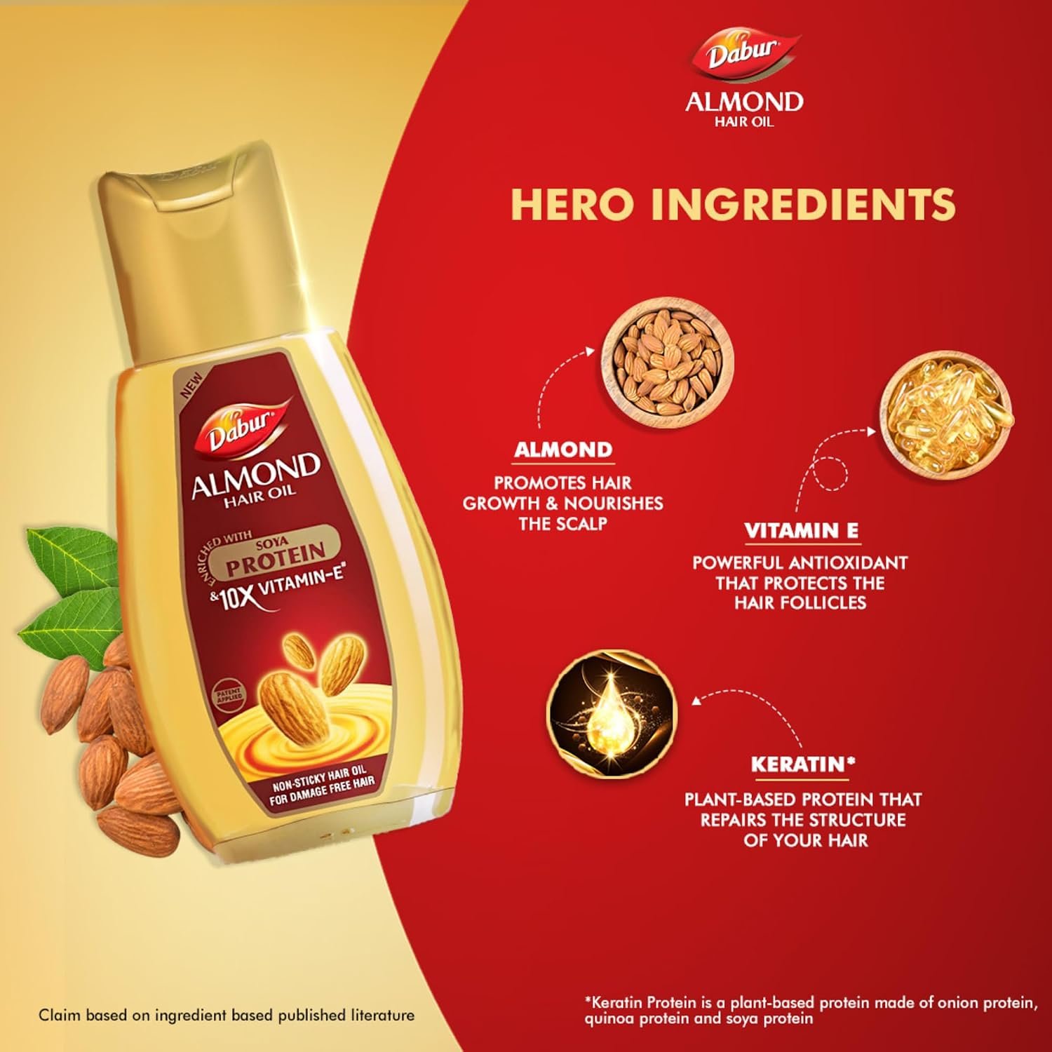 Dabur Almond Hair Oil - 500ml | Provides Damage Protection | Non Sticky Formula | For Soft & Shiny Hair | With Almonds, Keratin Protein, Soya Protein & 10X Vitamin E thumbnail