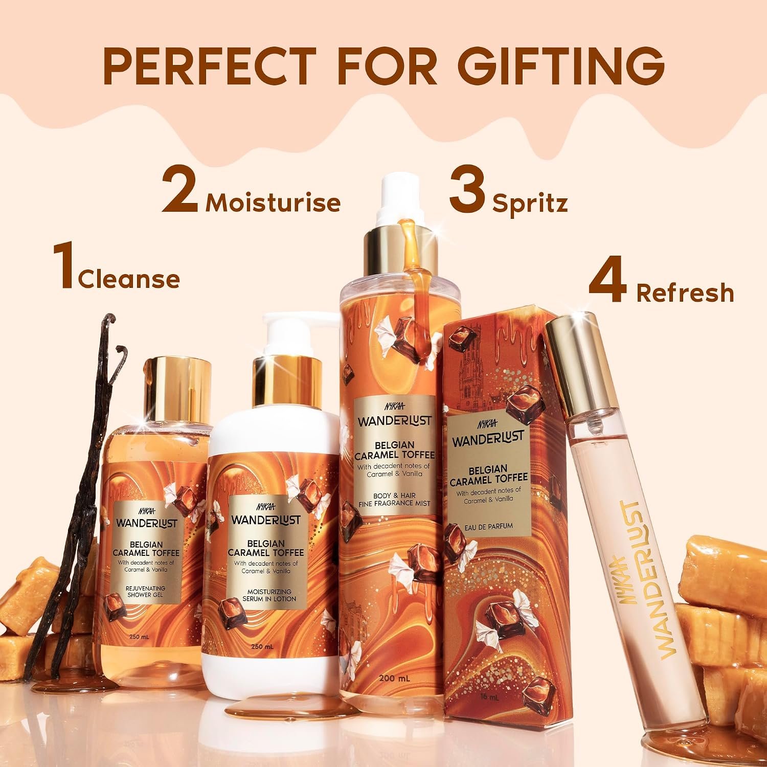 Nykaa Wanderlust Belgian Caramel Toffee Perfume Body & Hair Mist, Notes of Caramel & Vanilla, 8 Hrs Long-Lasting Everday Fragrance, 200 ml thumbnail