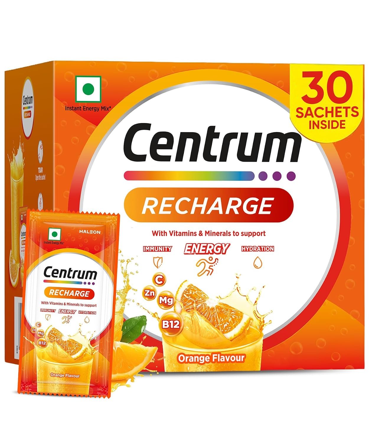 Centrum Recharge Energy Drink Mix with Vitamins & Minerals | For Energy, Hydration & Immunity | Vit. C, Vit. B12, Electrolytes, Magnesium, Biotin, Zinc & More | Orange Flavour - Pack of 30 S thumbnail
