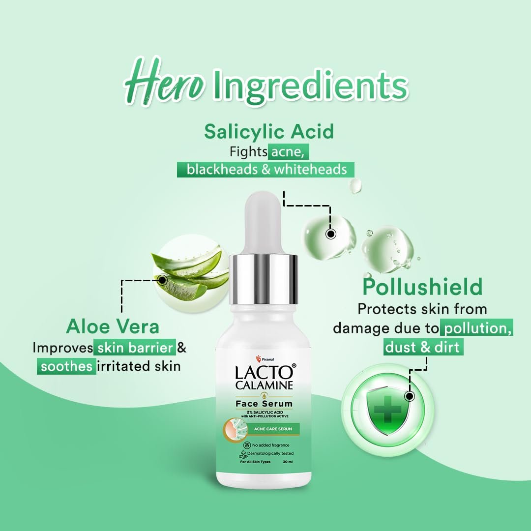 Lacto Calamine 2% Salicylic Acid Face Serum | Reduces Acne, Blackheads & Excess Oil | Unclogs Pores, Controls Sebum & Exfoliates Skin | Face Serum for Oily & Acne-Prone Skin | 30ml thumbnail