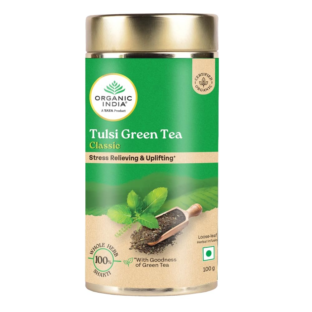 A TATA Product - Organic India Tulsi Green Tea Classic Loose Leaves ,Stress Relieving, Uplifts Mood, Rich in Antioxidants - 100g