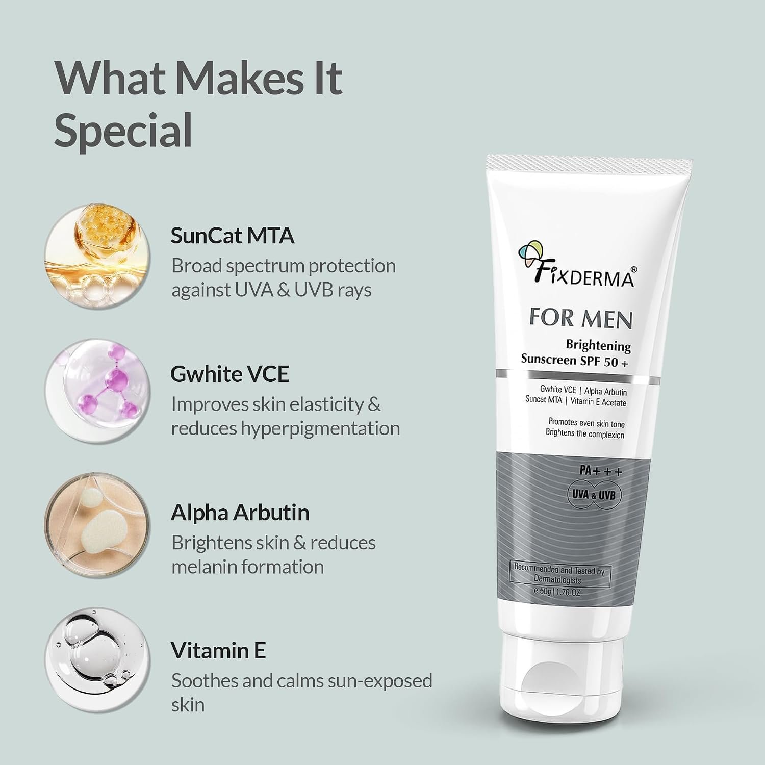Fixderma Brightening Sunscreen SPF 50 for Men | Sunscreen for Dry Skin | Helps Protect Against UVA & UVB Rays | Hydrating & Brightening Daily Face Sunscreen | 50g thumbnail